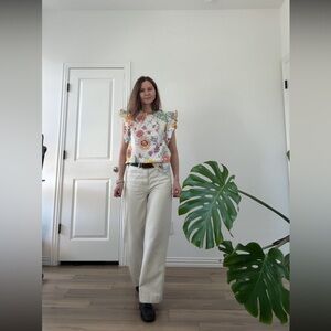 Elie Tahari White Floral Ruffle Sleeve Top with Multicolor Print, NWT